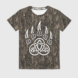 Футболка женская Символ Велеса - лапа медведя в текстуре древа, цвет: 3D-принт
