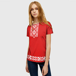 Футболка женская Славянский узор на красном - вышиванка рубаха крас, цвет: 3D-принт — фото 2