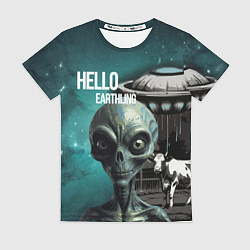 Футболка женская Инопланетянин на фоне космоса и летающей тарелки, цвет: 3D-принт