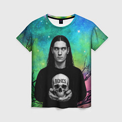 Женская футболка Bones без зрачков держит череп в руках