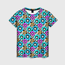 Женская футболка Разноцветные цветы бирюзовые малиновые синие