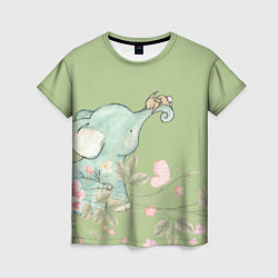 Женская футболка Слоненок с зайчиком в цветах на зеленом