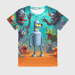 Футболка женская Робот-сгибальщик Бендер в окружении монстров, цвет: 3D-принт