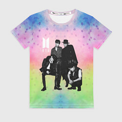 Футболка женская BTS черно-белый стиль на радужном фоне, цвет: 3D-принт