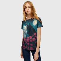 Футболка женская Черный волк и белая волчица, цвет: 3D-принт — фото 2