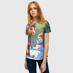 Футболка женская Лошадка и снеговик, цвет: 3D-принт — фото 2