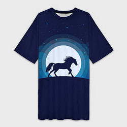 Футболка женская длинная Лошадь под луной, цвет: 3D-принт