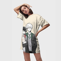 Футболка женская длинная Изуку и Кацуки косплеют Хогвартс, цвет: 3D-принт — фото 2