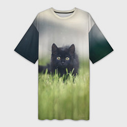 Футболка женская длинная Черный кот на лугу, цвет: 3D-принт