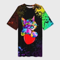 Футболка женская длинная РАДУЖНЫЙ КОТИК RAINBOW KITTY, цвет: 3D-принт