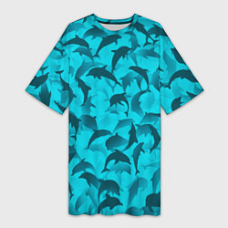 Футболка женская длинная Синий камуфляж с дельфинами, цвет: 3D-принт
