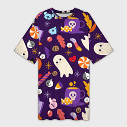 Женская длинная футболка HALLOWEEN BTS BT21 PATTERN БТ21 БТС ХЕЛЛОУИН