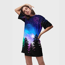 Футболка женская длинная Космический лес, елки и звезды, цвет: 3D-принт — фото 2