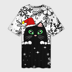 Женская длинная футболка Новогодний кот в колпаке Санты