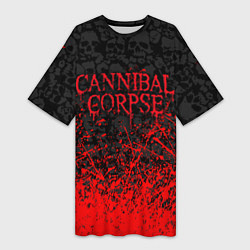 Футболка женская длинная CANNIBAL CORPSE, БРЫЗГИ КРАСОК ЧЕРЕПА, цвет: 3D-принт