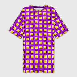 Женская длинная футболка Фиолетовый Фон с Желтыми Квадратами Иллюзия Движен