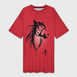 Футболка женская длинная Огненная лошадь с иероглифом, цвет: 3D-принт