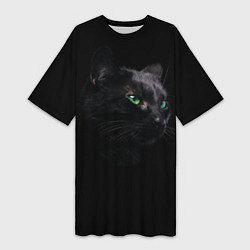 Футболка женская длинная Черна кошка с изумрудными глазами, цвет: 3D-принт
