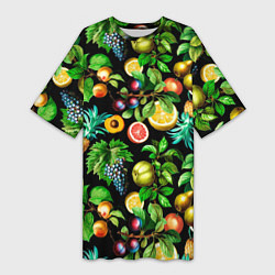 Женская длинная футболка Сочные фрукты - персик, груша, слива, ананас