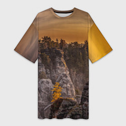 Женская длинная футболка ГОРЫ И ЛЕС НА ЗАКАТЕ