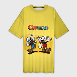 Футболка женская длинная Cuphead and Mugman Чашечки, цвет: 3D-принт