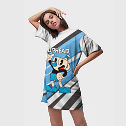 Футболка женская длинная Cuphead синяя чашечка, цвет: 3D-принт — фото 2