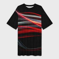 Футболка женская длинная Волнообразные линии неона - Красный, цвет: 3D-принт
