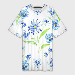 Женская длинная футболка Цветы Синие Нарисованные Карандашами