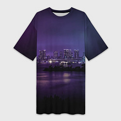 Футболка женская длинная Неоновый город с рекой - Фиолетовый, цвет: 3D-принт