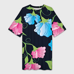 Женская длинная футболка Яркие удивительные цветы в летней ночи
