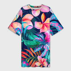 Женская длинная футболка Яркие тропические цветы Лето