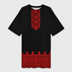 Футболка женская длинная Черная славянская рубаха, цвет: 3D-принт