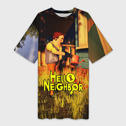 Футболка женская длинная Hello Neighbor Привет сосед Сосед поливает, цвет: 3D-принт