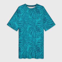 Женская длинная футболка Синие листья монстеры на голубом
