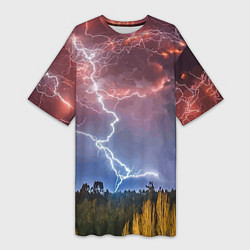 Женская длинная футболка Грозовые разряды молний над лесом