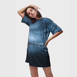 Футболка женская длинная Неоновый город вдалеке и небо - Синий, цвет: 3D-принт — фото 2