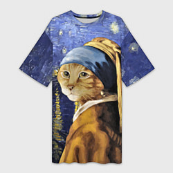 Женская длинная футболка Прикол с котом: пародия картина