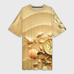 Женская длинная футболка Композиция из ракушек и компаса на песке