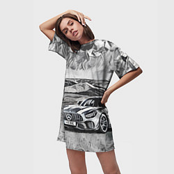 Футболка женская длинная Мерседес на природе, цвет: 3D-принт — фото 2