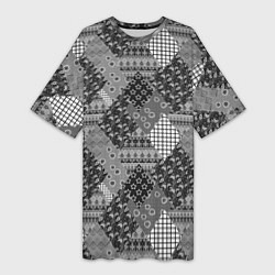 Футболка женская длинная Black and White Ethnic Patchwork Pattern, цвет: 3D-принт