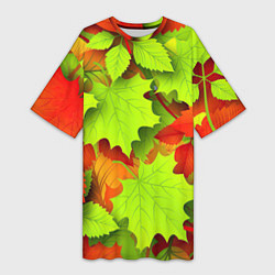 Футболка женская длинная Зелёные осенние листья, цвет: 3D-принт