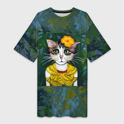 Женская длинная футболка Грустная кошка Фриды Кало из нейросети