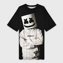 Футболка женская длинная Marshmello на чёрном фоне, цвет: 3D-принт