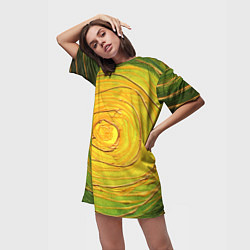 Футболка женская длинная Желто-зеленая текстурная абстракция акрилом, цвет: 3D-принт — фото 2
