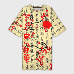 Женская длинная футболка Иероглифы и сакура