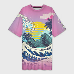 Футболка женская длинная Штормовые океанские волны и пальмы, цвет: 3D-принт