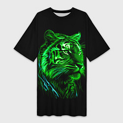 Футболка женская длинная Нейросеть: неоновый зелёный тигр, цвет: 3D-принт