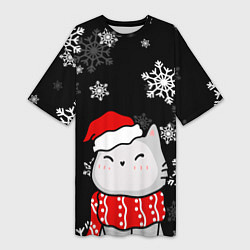 Футболка женская длинная Котик в новогодней шапочке - снежинки, цвет: 3D-принт