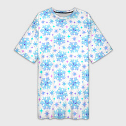 Женская длинная футболка Снежинки с цветными звездами на белом фоне