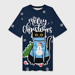 Футболка женская длинная Котик: merry christmas, цвет: 3D-принт